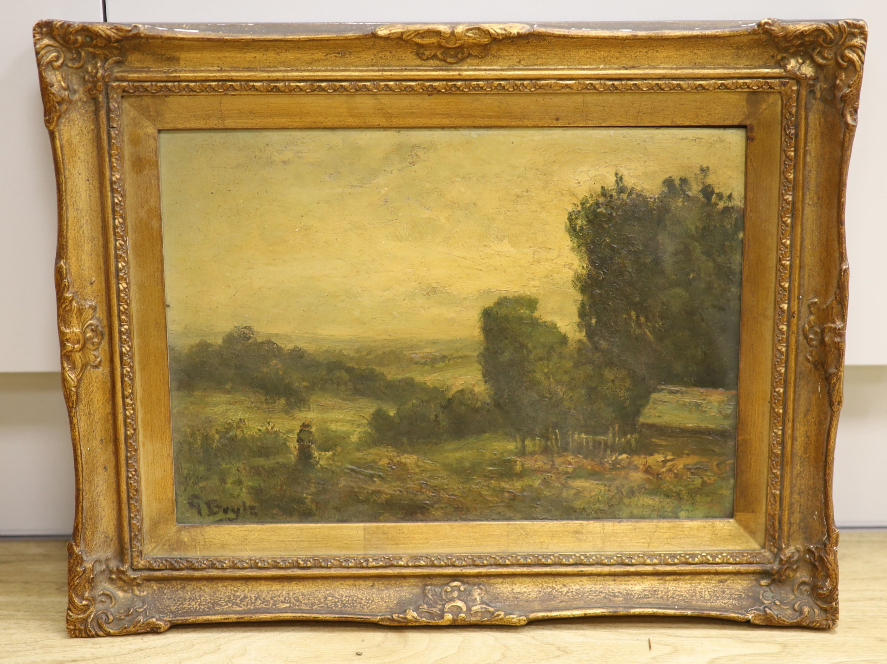 George Boyle (1842-1930), oil on board, Figure overlooking a landscape, signed, 25 x 35cm